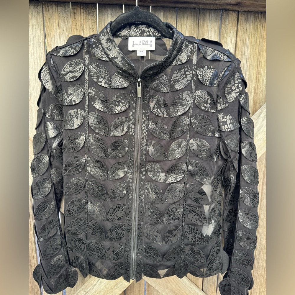 Joseph Ribkoff Black Leaf Design Bomber Jacket
